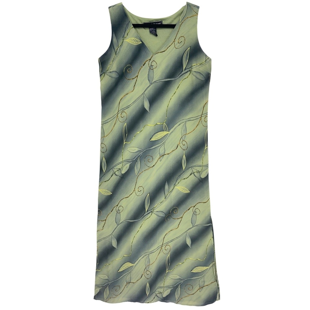 Vintage A Wild Thyme Green Botanical V-Neck Sleeveless Shift Maxi Dress 8 1990s
